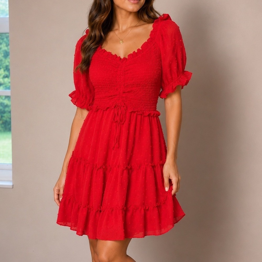She + Sky Swiss Dot Babydoll Dress Women's Medium Red Smocked Puff Sleeve Mini